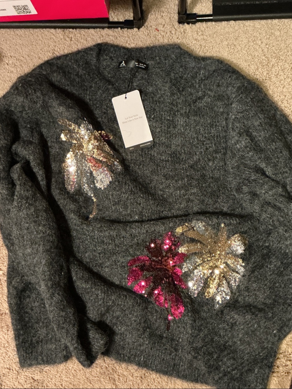 Dark Gray Sequin Floral Crewneck Sweater